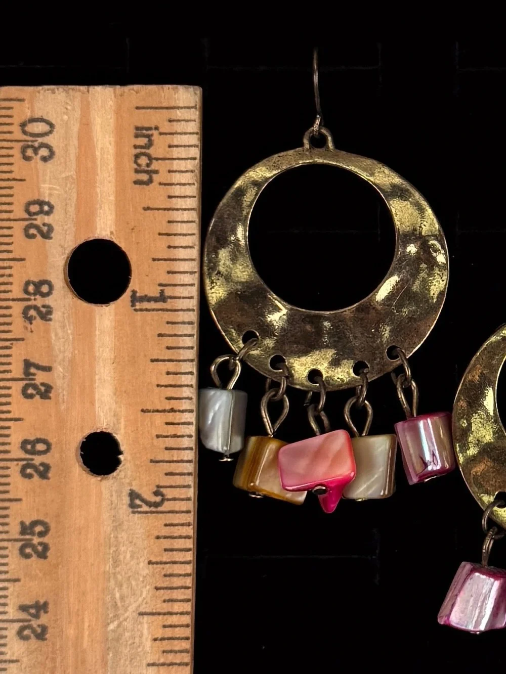 Vintage brasstone hammered multicolored stone costume pierced earrings